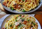 Spaghetti alla Panna in Käse Sahnesauce mit Schinken und Erbsen