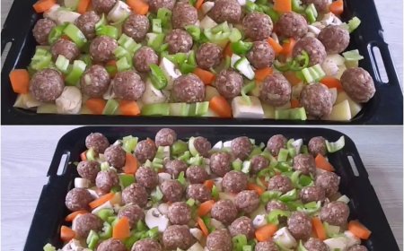 Gemüse mit Hackbällchen aus dem Backofen in 15 Minuten zubereitet