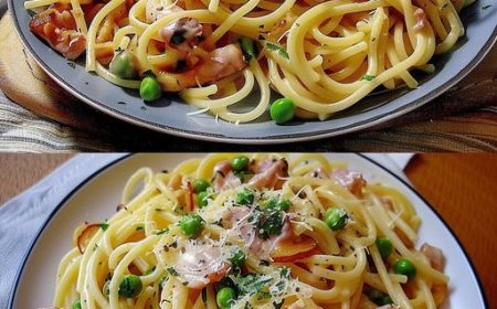 Spaghetti alla Panna in Käse Sahnesauce mit Schinken und Erbsen