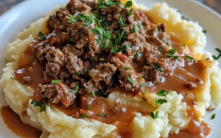 Hackfleisch und Soße über Kartoffelpüree