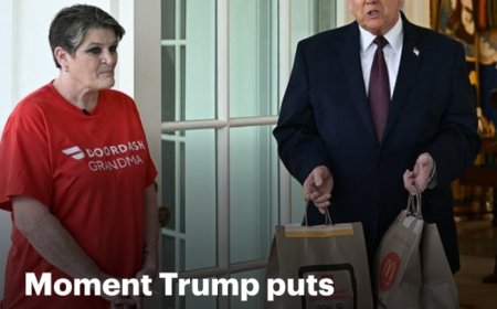 Moment Trump puts 'DoorDash Grandma' on the spot about very controversial issue as he hands her a wad of cash